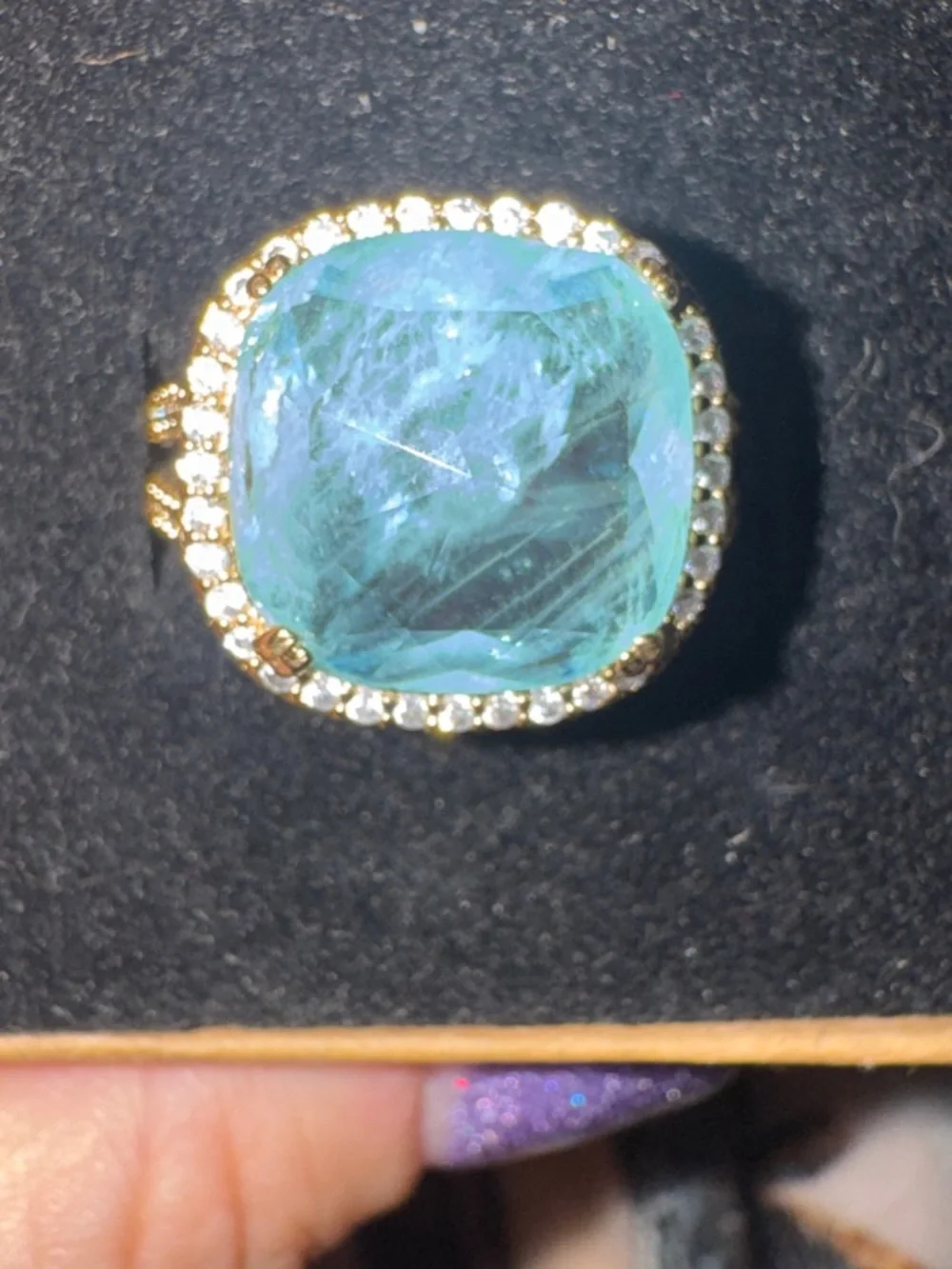 bp Gold Ring with Large Aquamarine Blue Cushion Stone and Pavé Halo